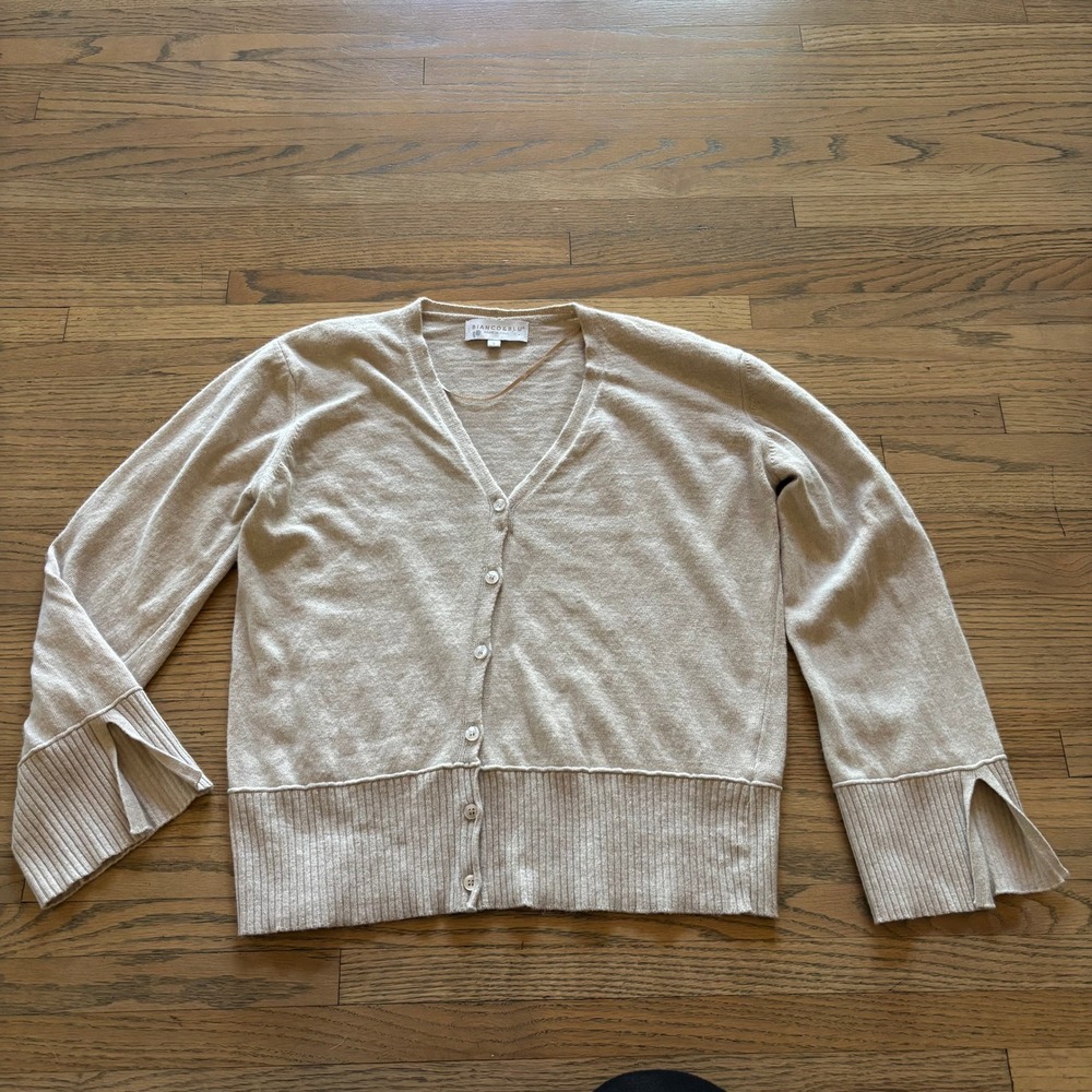 Bianco & Blu Tan Cashmere Silk Blend V-Neck Cardigan Sweater Made in Italy Small